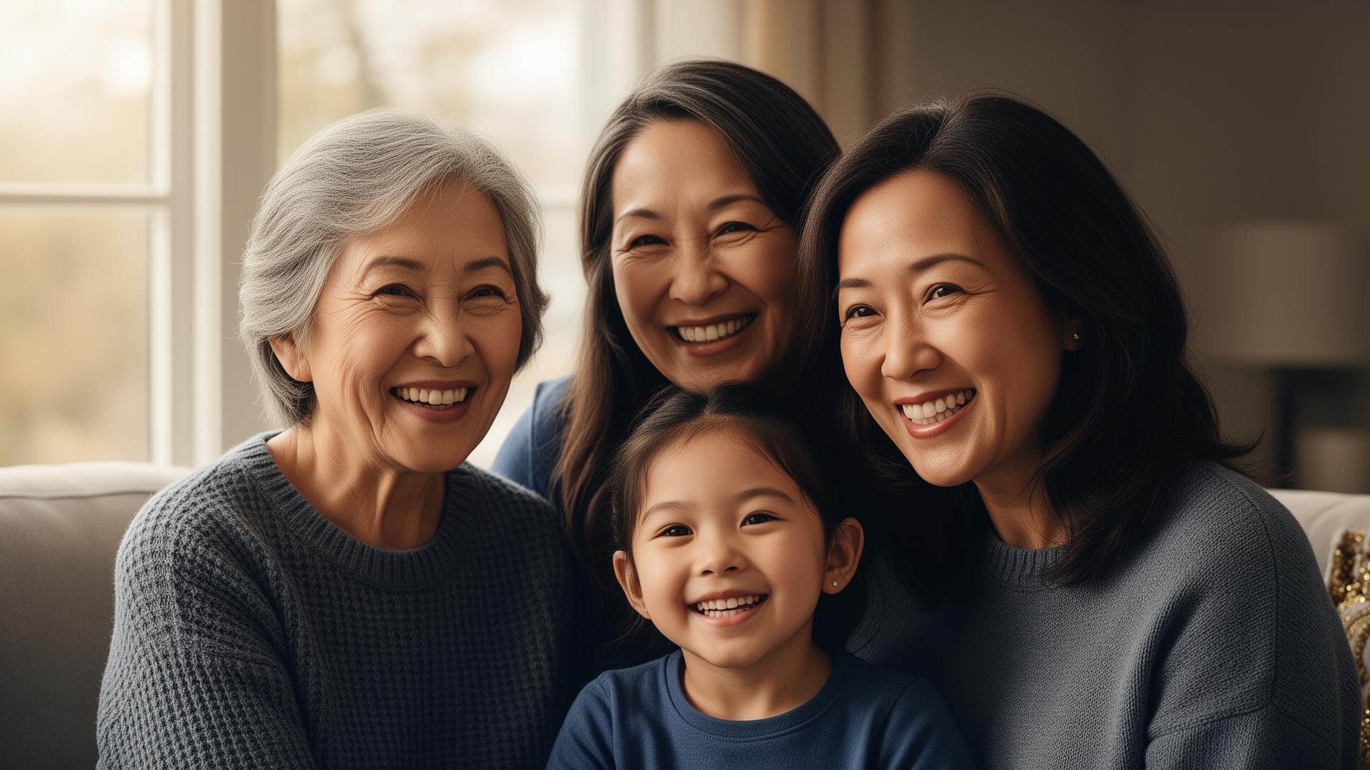 A family of three generations smiling together